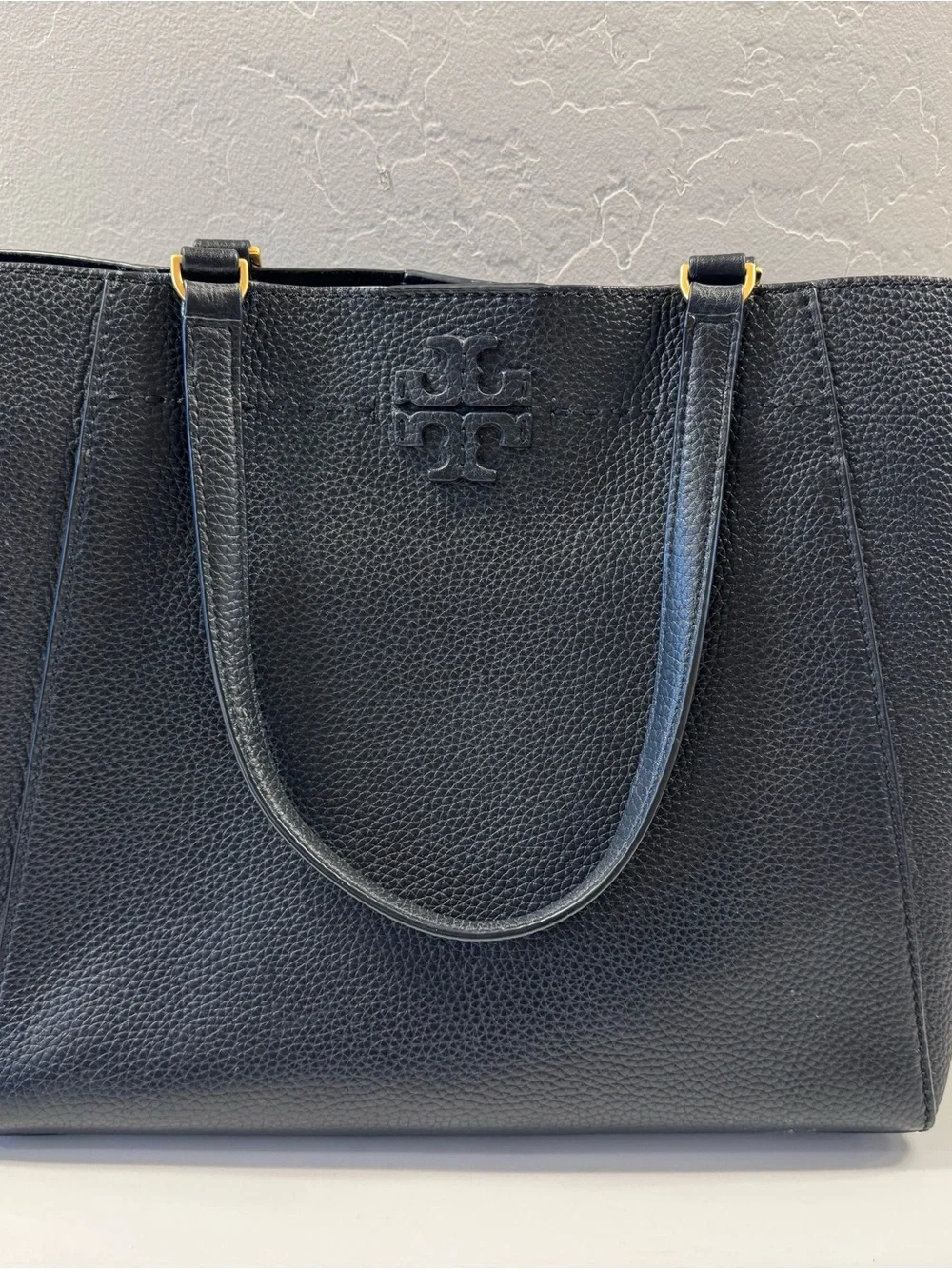Tory Burch Black Pebbled Leather Tote with Gold Accents + Dust Bag